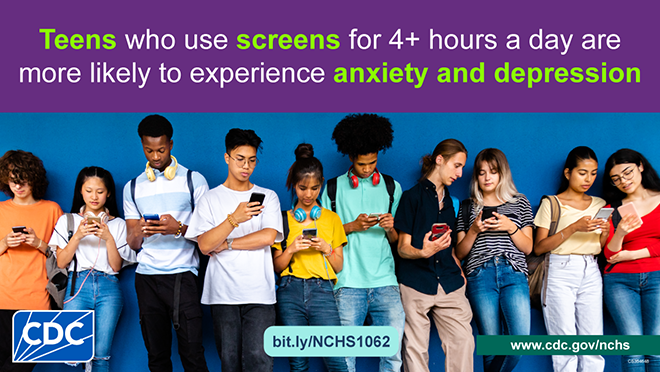 Teenagers looking at phones: Teens who use screens for 4+ hours/day are more likely to experience anxiety and depression