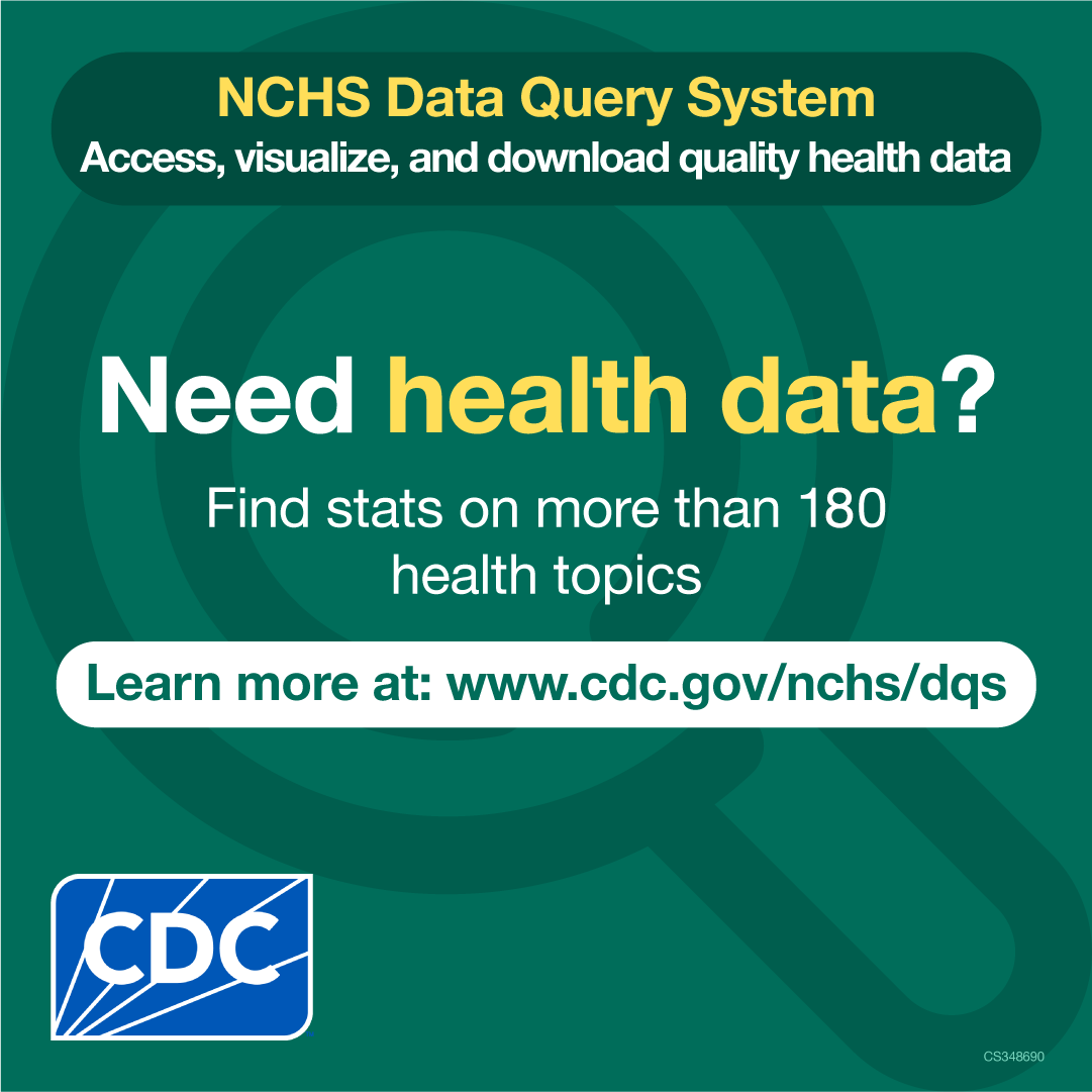 DQS button in green, white, and yellow with CDC logo. Asks "Need health data?" and provides link