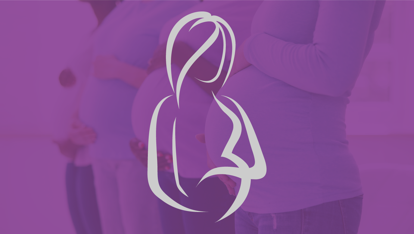 Stylized drawing over a pregnant woman on purple overlay on image of 4 pregnant women
