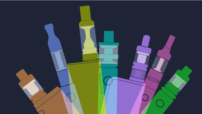 Colorful illustration of different types of e-cigarettes.