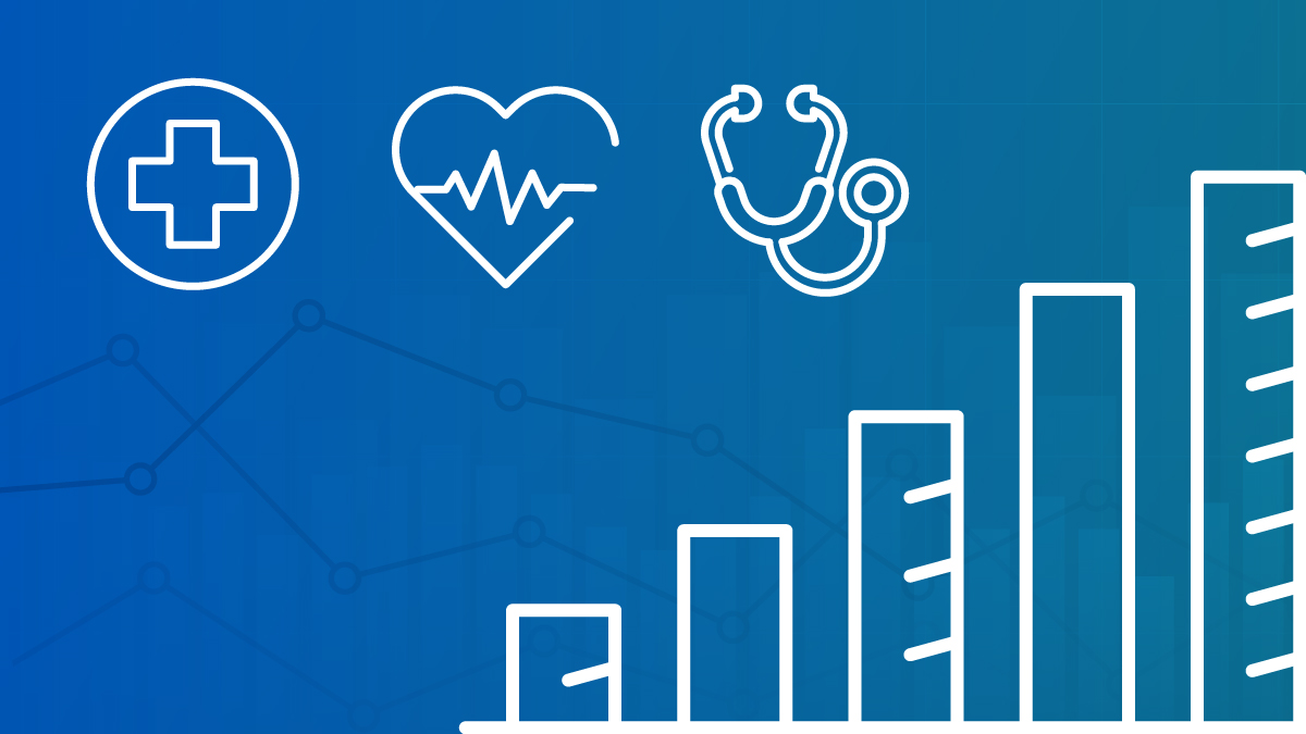White medical cross, heart with EKG in it, and stethoscope icons on blue field. Increasing data bars at the bottom.