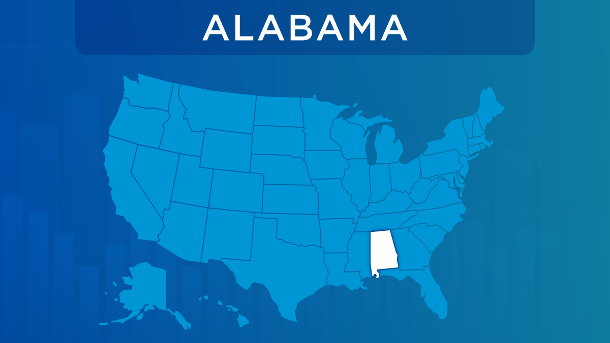 U.S. map with the state of Alabama highlighted.