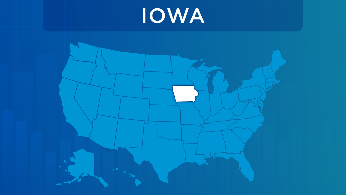 U.S. map with the state of Iowa highlighted.