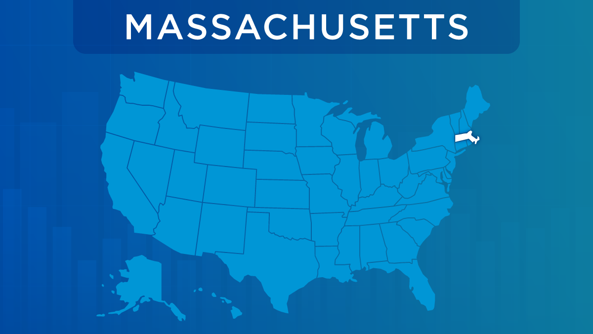 U.S. map with the state of Massachusetts highlighted.