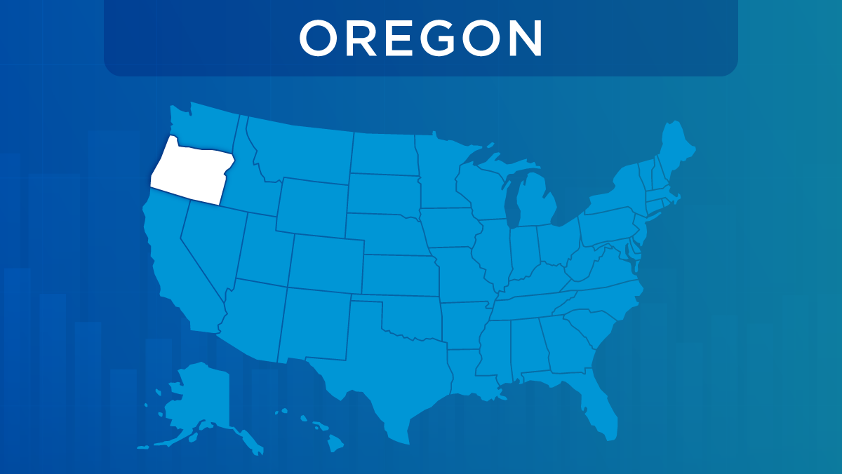 U.S. map with the state of Oregon highlighted.