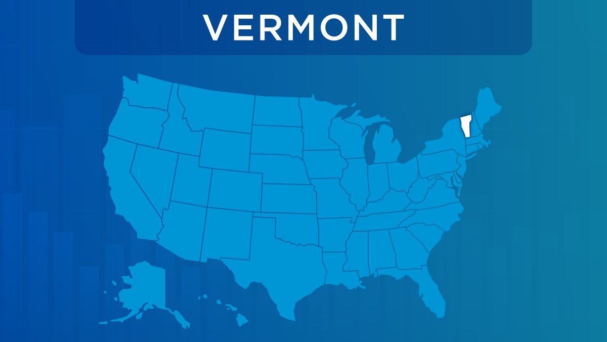 U.S. map with the state of Vermont highlighted.