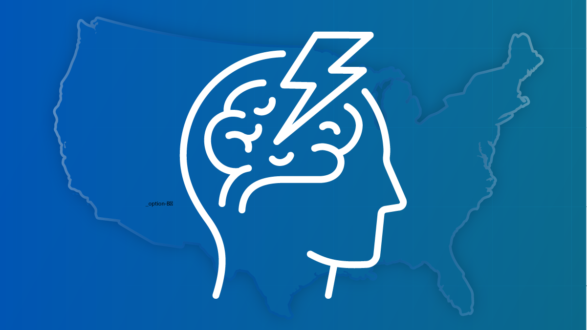 An outline of someone&rsquo;s profile and brain, set against a U.S. map, with a lightning bolt touching their brain.