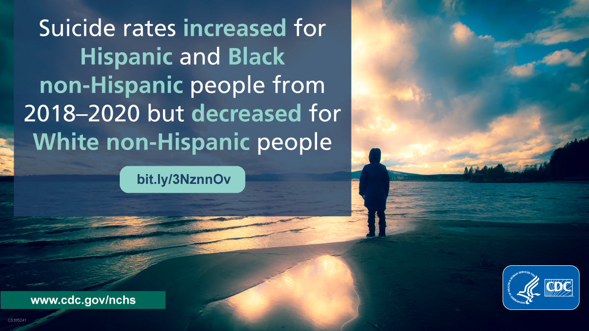 The image shows the silhouette of a person standing on the river or lake shore in a hooded coat and boots. Text: Suicide rates increased for Hispanic and Black non-Hispanic people from 2018–2020 but decreased for White non-Hispanic people.