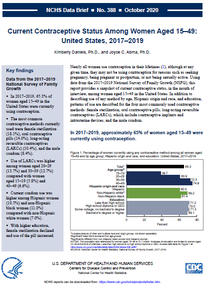 Front page of report: Current Contraceptive Status Among Women Aged 15–49: United States, 2017–2019