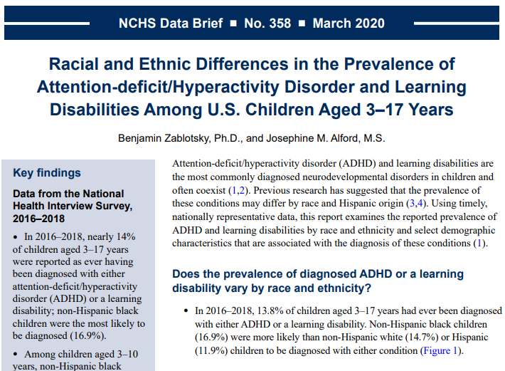 Screen shot of first page of data brief: Racial and Ethnic Differences in the Prevalence of Attention-deficit/Hyperactivity Disorder and Learning Disabilities Among U.S. Children Aged 3–17 Years