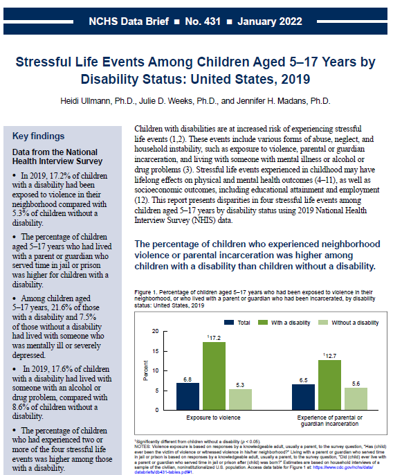 Screen grab of the report: Stressful Life Events Among Children Aged 5–17 Years by Disability Status: United States, 2019