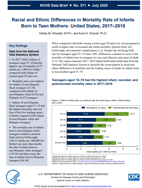 Screen shot of cover sheet data brief: Racial and Ethnic Differences in Mortality Rate of Infants Born to Teen Mothers: United States, 2017–2018