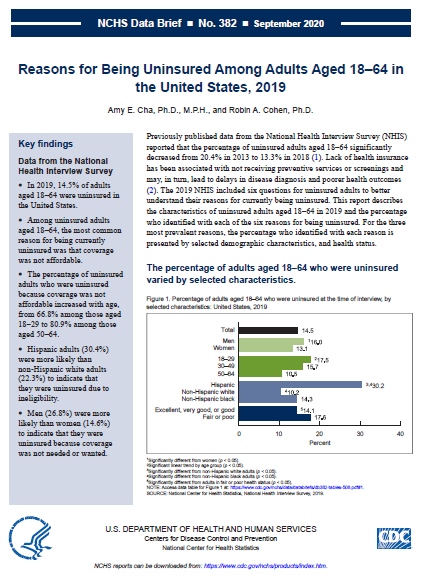 Report cover sheet: Reasons for Being Uninsured Among Adults Aged 18–64 in the United States, 2019