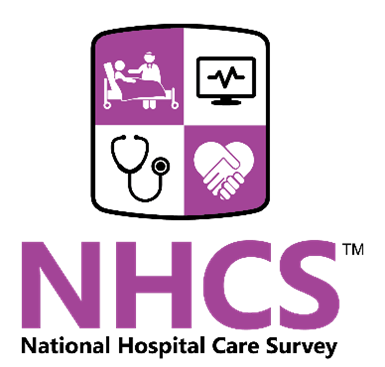 National Hospital Care Survey logo features four health care-related icons in a shield. Shield and survey name in lilac