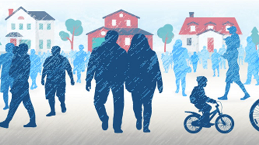 Sketch style image showing people of all ages in front of buildings