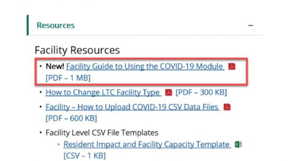 Facility Guide Location COVID-19 LTCF Module website. Facility Resources, Facility Guide location