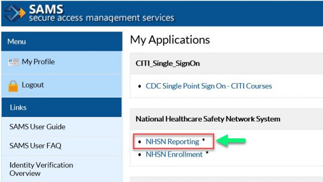 mar19-ltc1 SAMS homepage with NHSN Reporting highlighted
