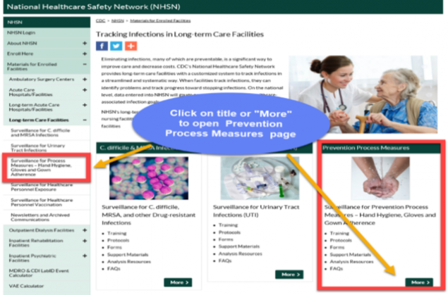 sep18-ltc-3 NHSN Tracking Infections in LTC facilities home page. Prevention Process Measures Module is highlighted