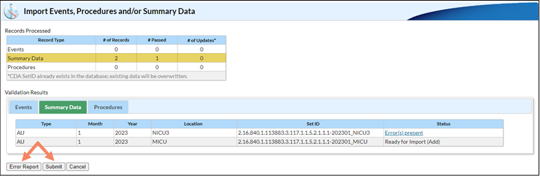 Import events, procedures and/or summary data