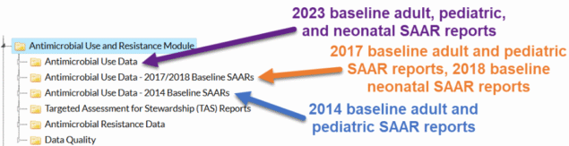 Find the 2017 baseline adult and pediatric SAAR reports and 2018 baseline neonatal SAAR reports in the Antimicrobial Use Data subfolder. Find the 2014 baseline adult and pediatric SAAR reports in the Antimicrobial Use Data - 2014 Baseline SAARs subfolder.