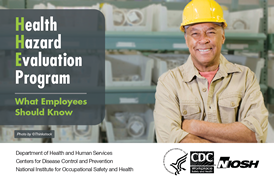 Worker in a hardhat smiling while standing in a warehouse setting. the words Health Hazard Evaluation Program; What Employees Should Know appear.