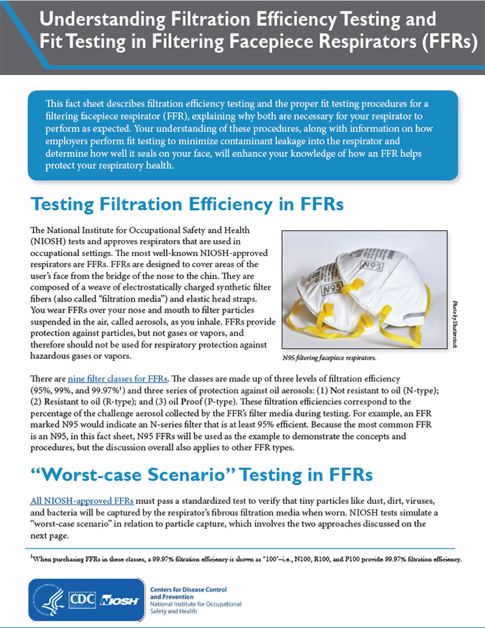 Cover page of Publication No. 2021-123, Understanding Filtration Efficiency Testing and Fit Testing in Filtering Facepiece Respirators (FFRs)