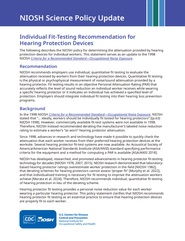 NIOSH Science Update: Individual Fit-testing Recommendation for Hearing Protection Devices