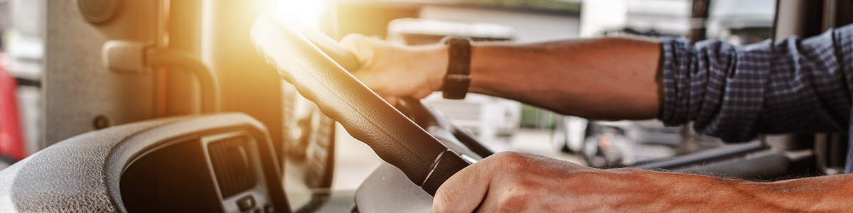 arms of a driver resting on steering wheel.