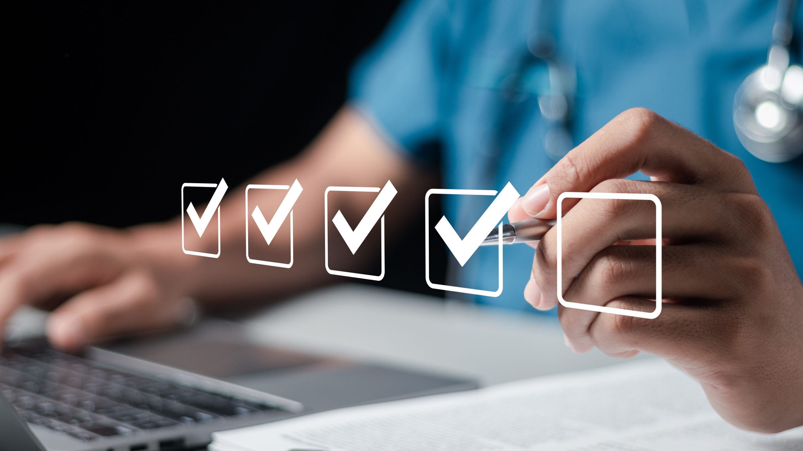 WellBQ Data Clearinghouse Thumbnail person wearing scrubs checking a floating white box in front of laptop