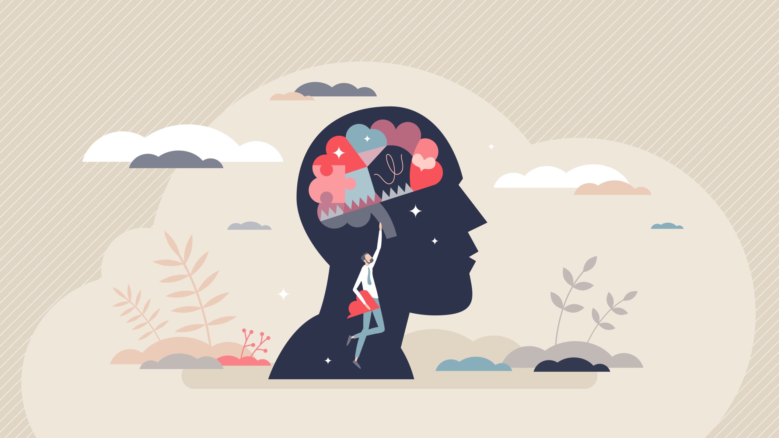 TWH Promising Practice_Brain health Illustration of a human head in profile with an open segment displaying a puzzle piece, gears, and a tree