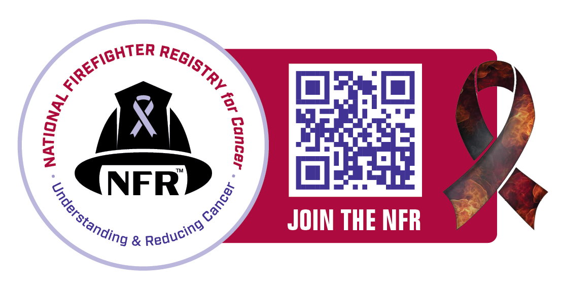 NFR logo of Firefighter helmet with purple cancer ribbon; next to a QR code with Join the NFR and FFCAM ribbon