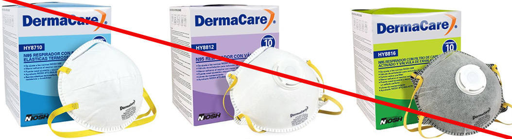Three images of different product models misrepresenting a NIOSH approval. Product and product packaging are shown.