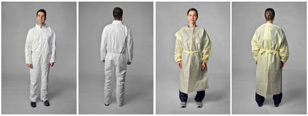 Front and back images of white coverall and yellow isolation gown