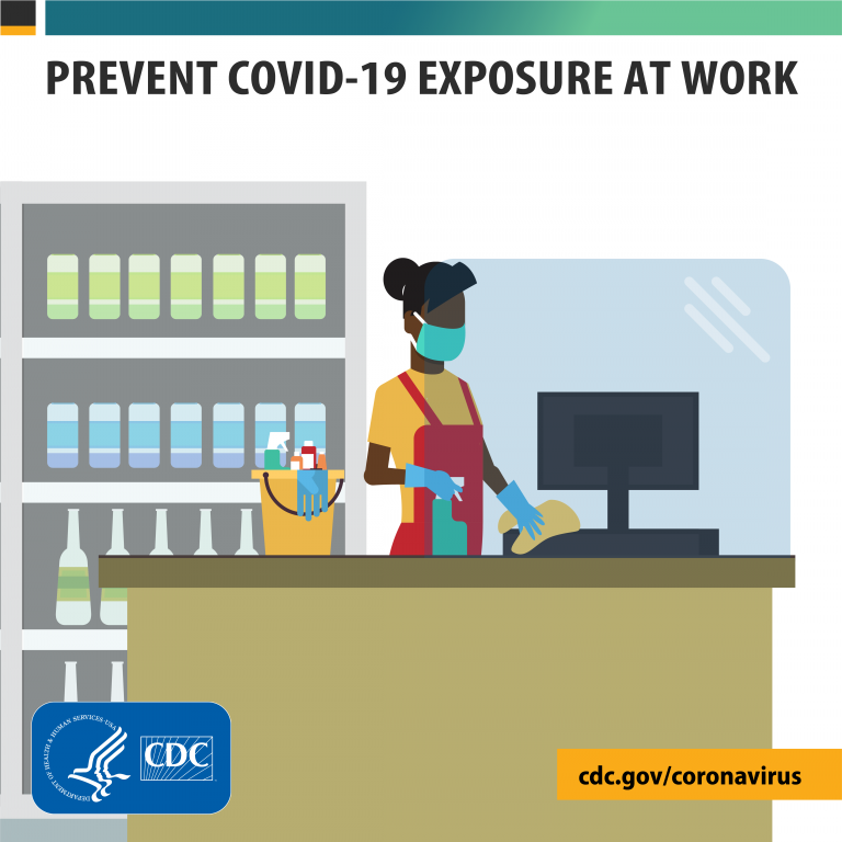 Graphic showing a worker at a cash register wearing a back and gloves with cleaning supplies.