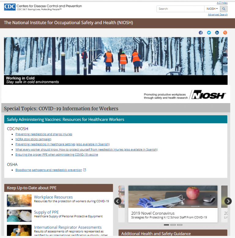 Screenshot of the NIOSH website.
