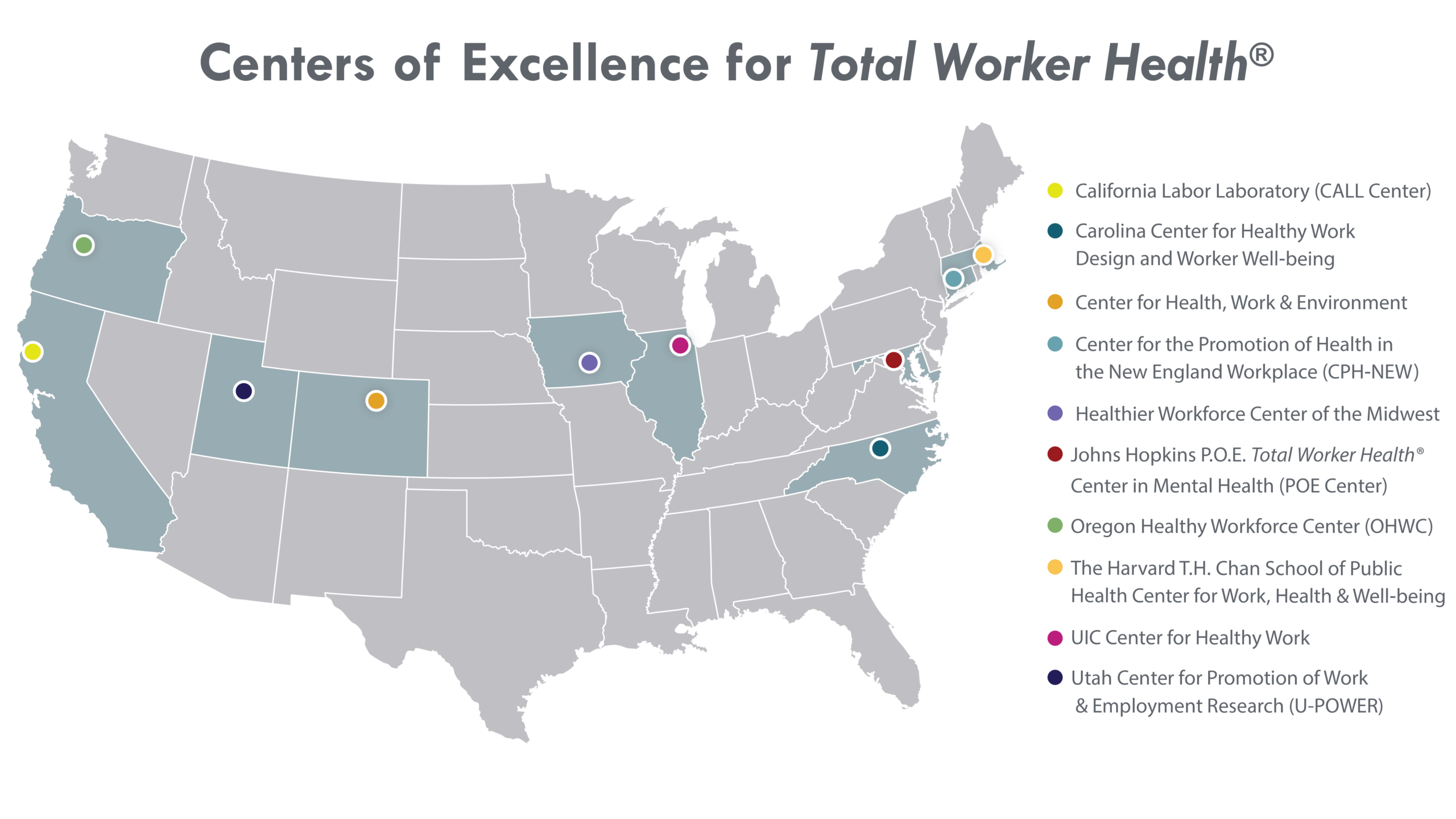 Map of the United States with the locations of the TWH Centers marked.