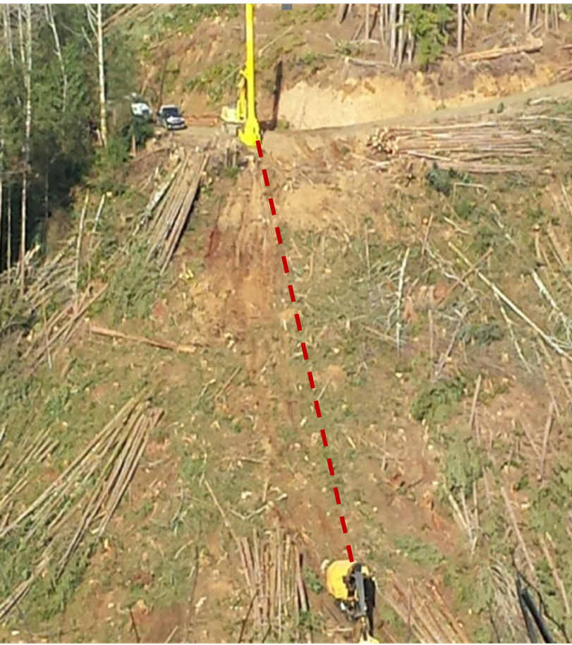 Tethered logging system operating on steep slope.
