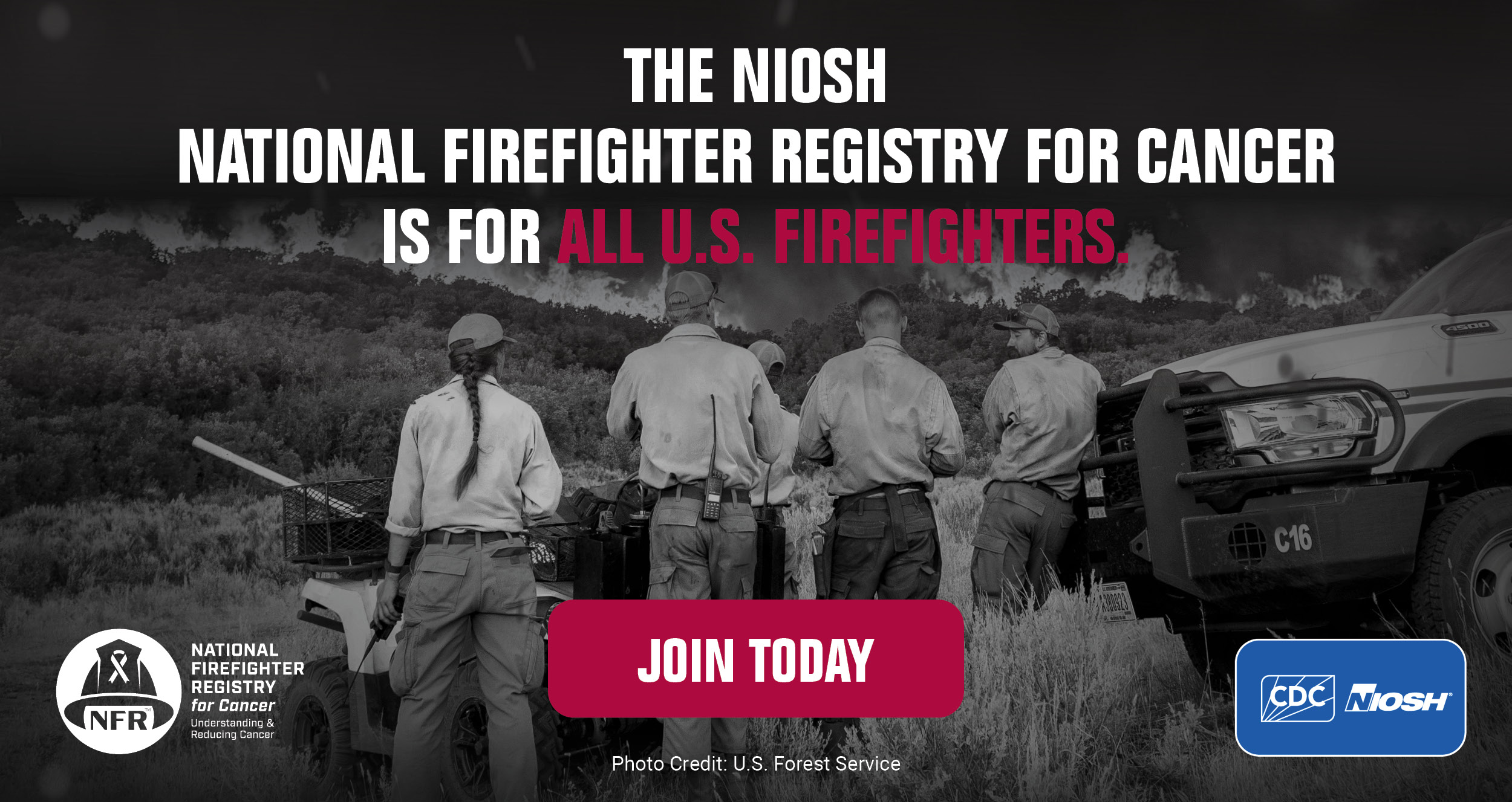 Group of firefighters with text "The NIOSH National Firefighter Registry for Cancer is for ALL U.S. firefighters"