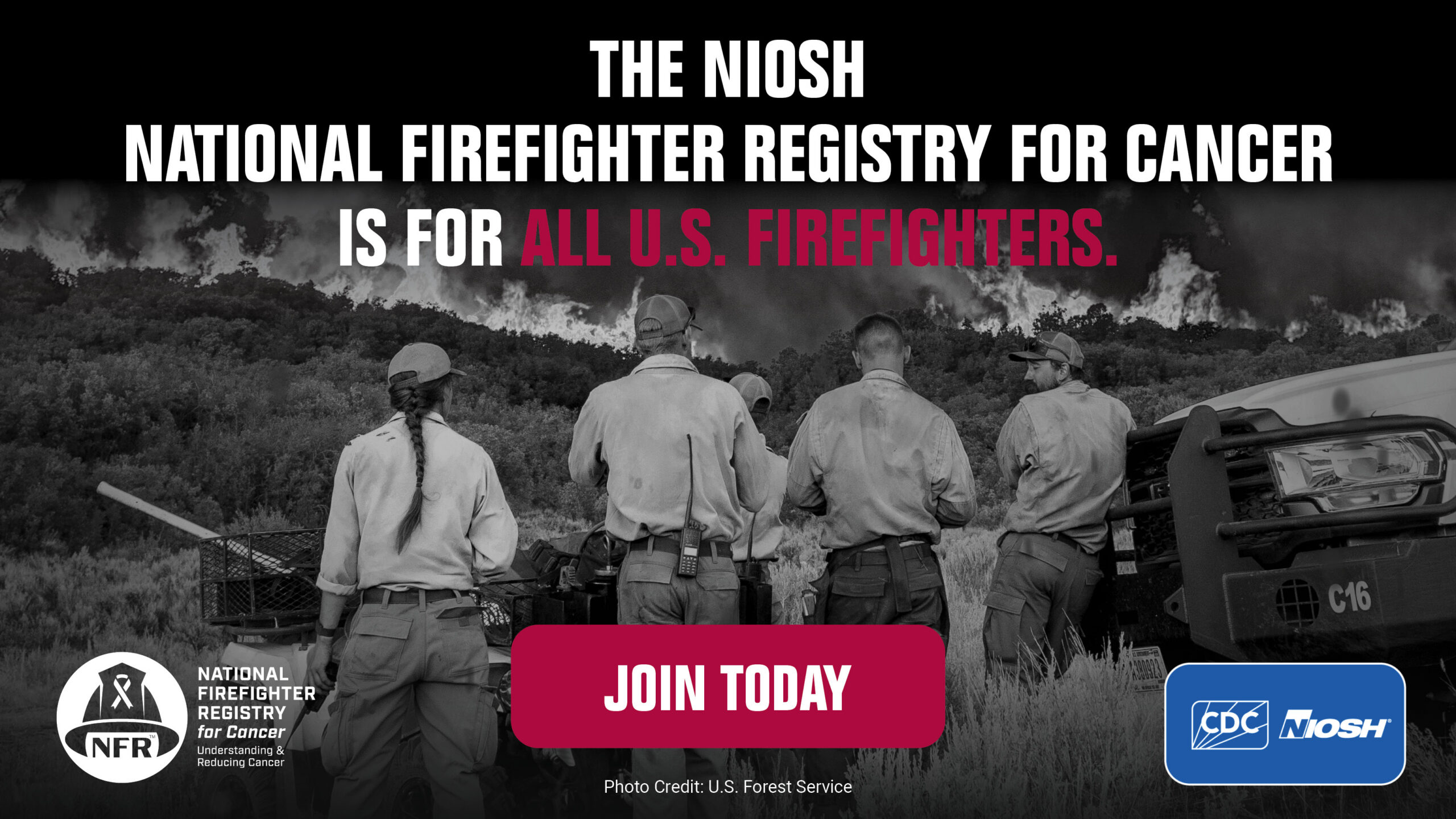 Group of firefighters with text "The NIOSH National Firefighter Registry for Cancer is for ALL U.S. firefighters"