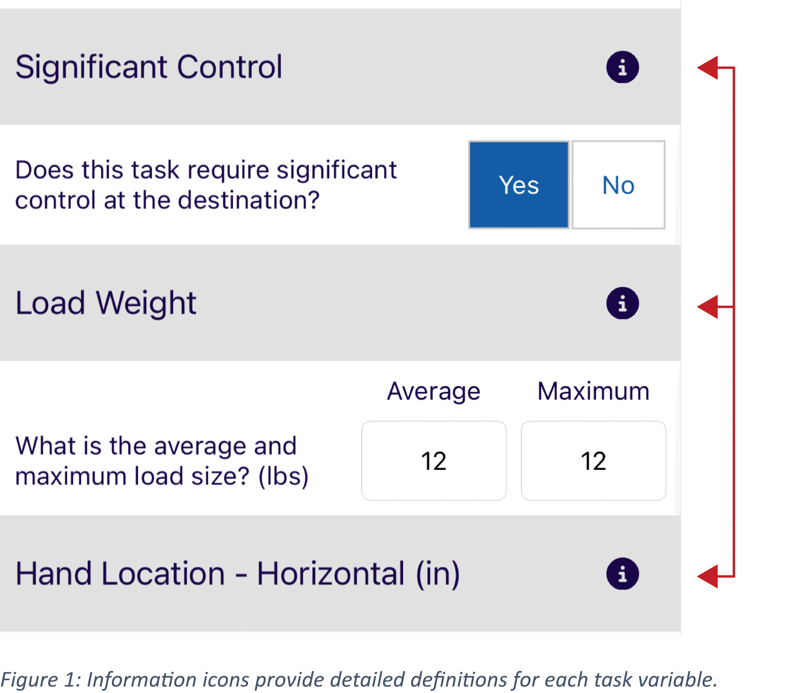 Figure 1: Information icons provide detailed definitions for each task variable.