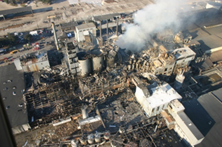 Aerial view of the remnants of the Imperial Sugar facility following the 2008 sugar dust explosion.