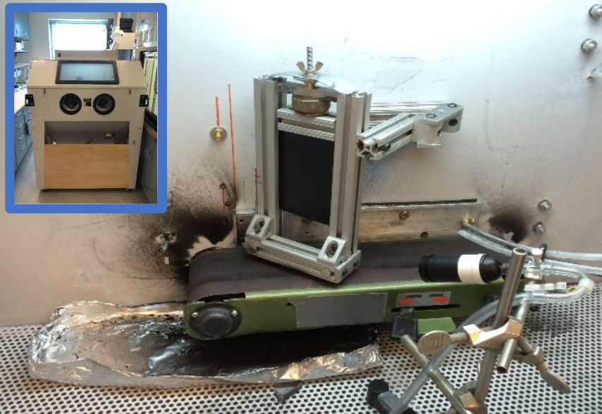 A modified glove box test chamber houses a sanding device to collect particles. Images courtesy of Aaron Erdely and Lorenzo Cena.