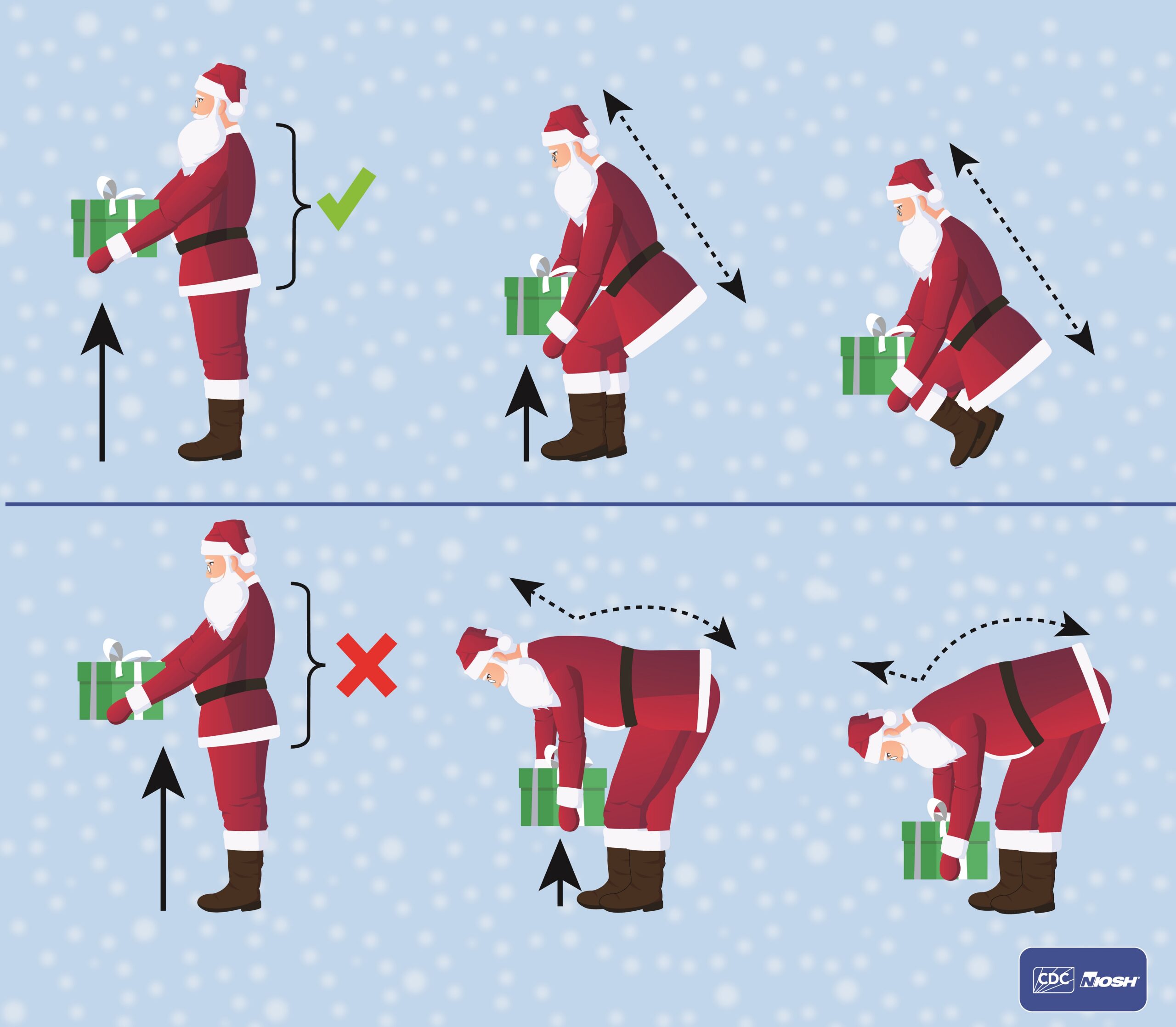 Santa demonstrating proper lifting techniques.