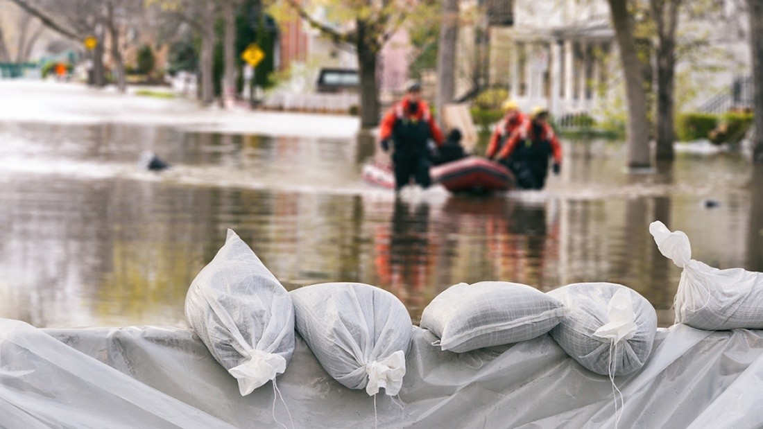 Sandbags in a flooded street.