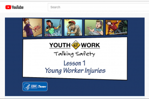 Blue background with white box that says Talking Safety Lesson 1.