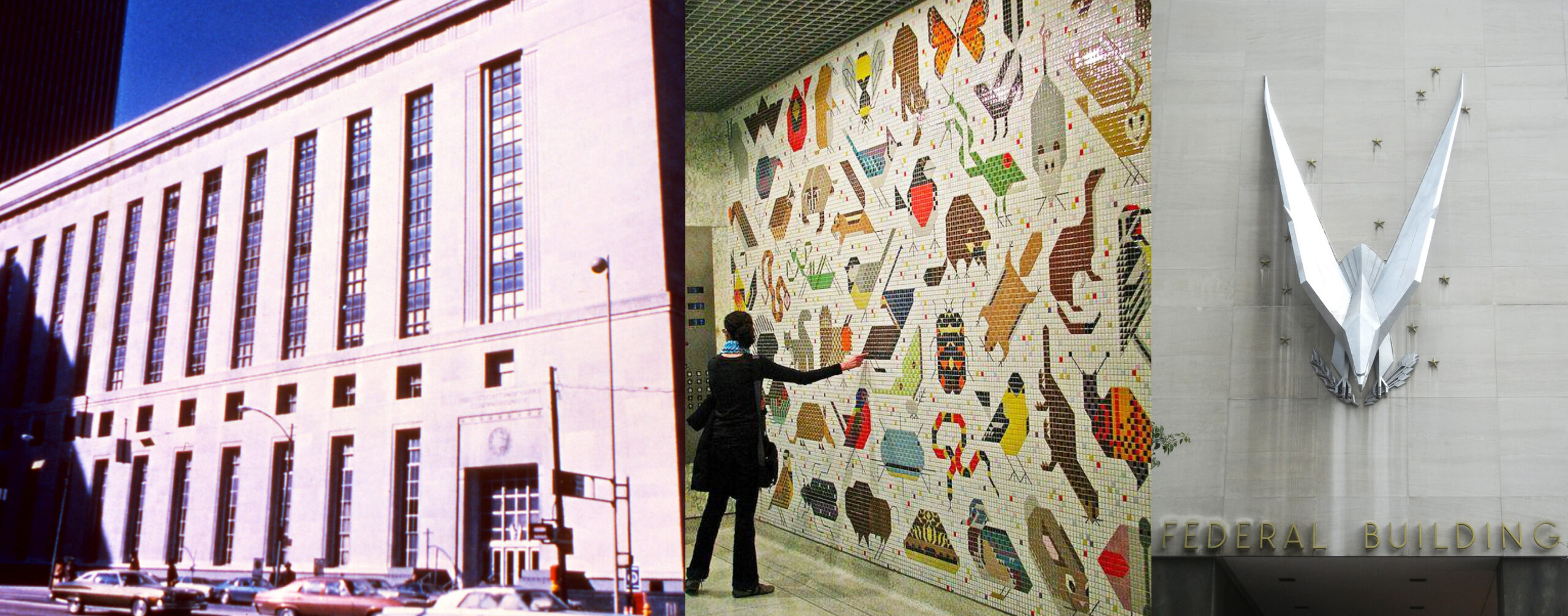 Left to right: Potter Stewart Federal Courthouse/U.S. Post Office; J.W. Peck Federal Building interior with Charles Harper mosaic; Peck Federal Building exterior with Maynard Fredericks' Eagle sculpture.