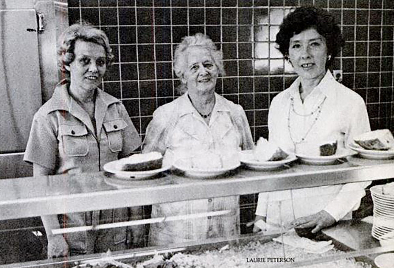 NIOSH Ridge Ave. cafeteria owner/operators Margaret Schmidt (center) and daughters Rita Seigle (left) and Inge Bickford (right). Cincinnati Magazine, July 1977, p. 121.