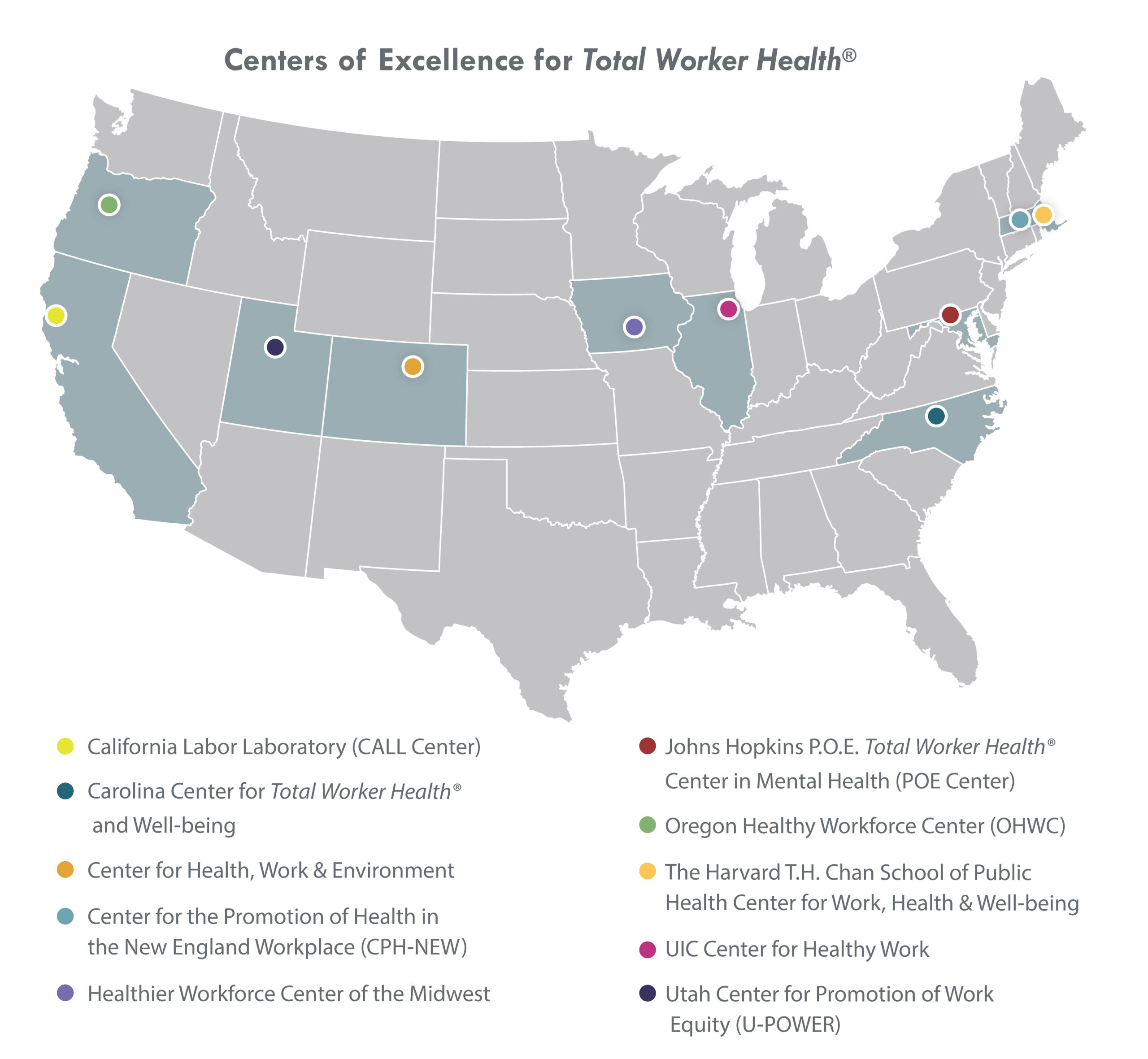 Map showing Centers of Excellence for Total Worker Health