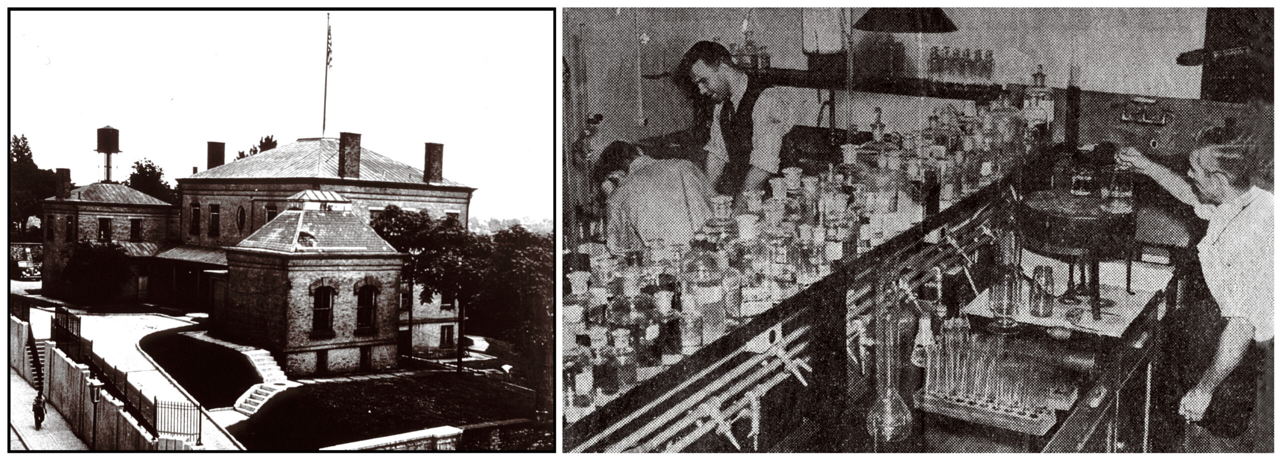 L: PHS U.S. Stream Pollution Investigations Station, E. Third and Kilgour Streets, Cincinnati. National Library of Medicine photo R: “Chemists’ laboratory scene at the U.S. Stream Pollution Investigations Station”