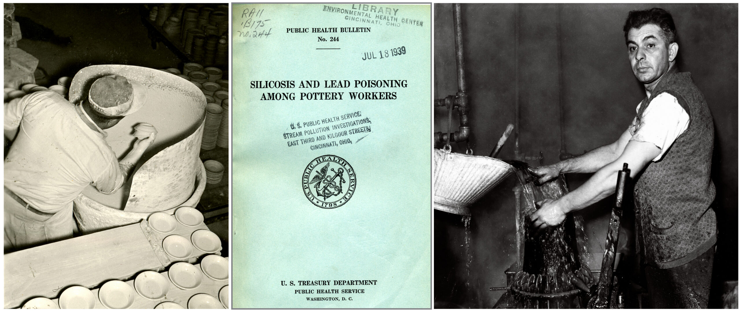 L to R: Man hand dipping pottery in glaze, PHS study, 1936. PHS Pottery study publication, 1939 (Note PHS library Cincinnati stampings). Man blocking hat, PHS hatters’ study, 1937-8.
